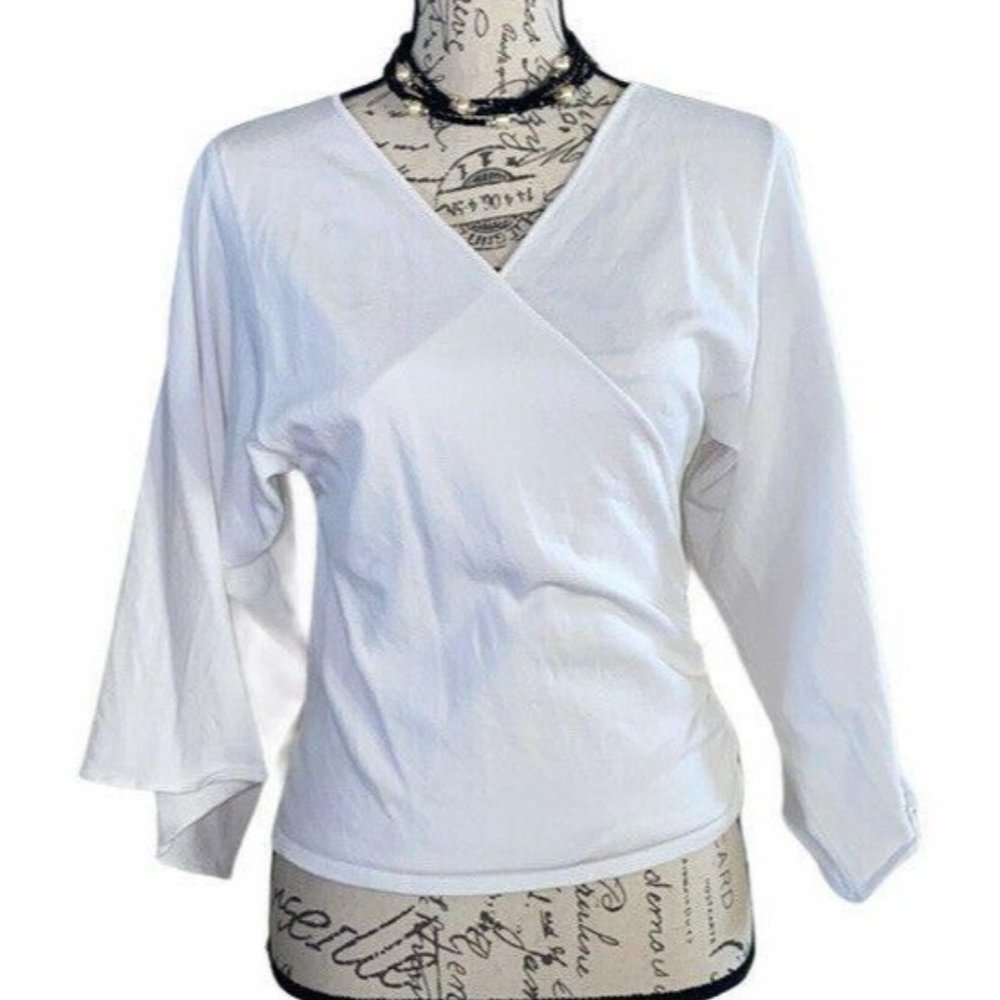 Due Per Due White Bell Sleeve Wrap Front Blouse Top Womens Size Small